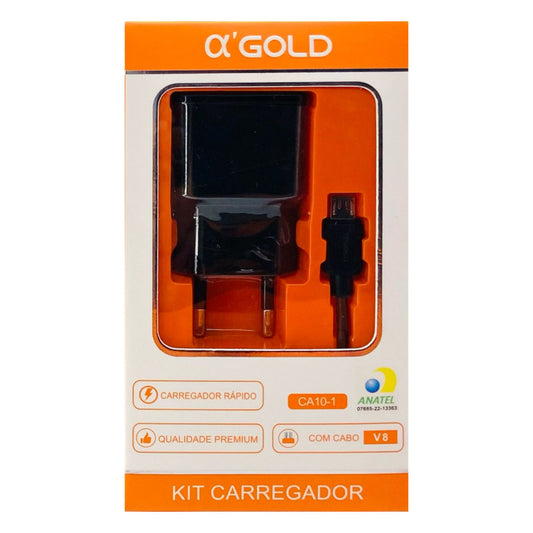 Carregador Completo  Micro USB V8 AlphaGold Fonte Cabo 2.1A CA10-1 (CARREGAGCA10