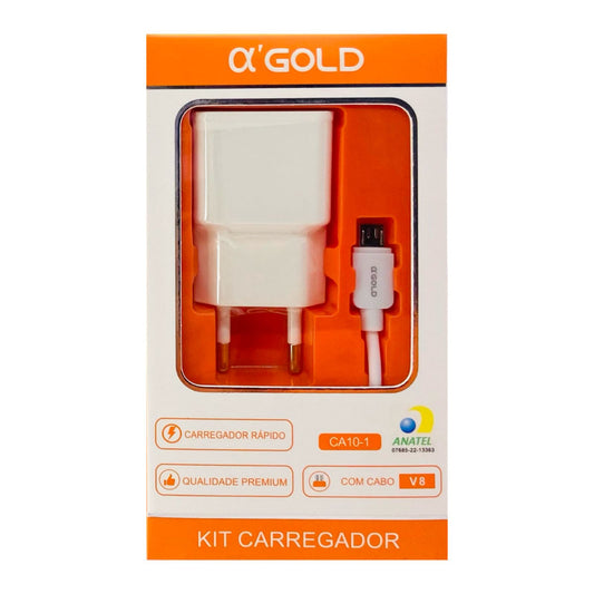 Carregador Completo  Micro USB V8 AlphaGold Fonte Cabo 2.1A CA10-1 (CARREGAGCA10